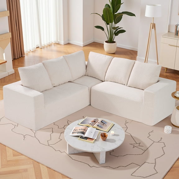 KFFKFF Structured Sectional Sofa, L-Formed Deep Seating Modular Sofa, Cloud-Like Couch with High Elasticity Sponge and Density, Corduroy Upholstered Sofa with Cushions for Lounge, Bedroom, in Beige