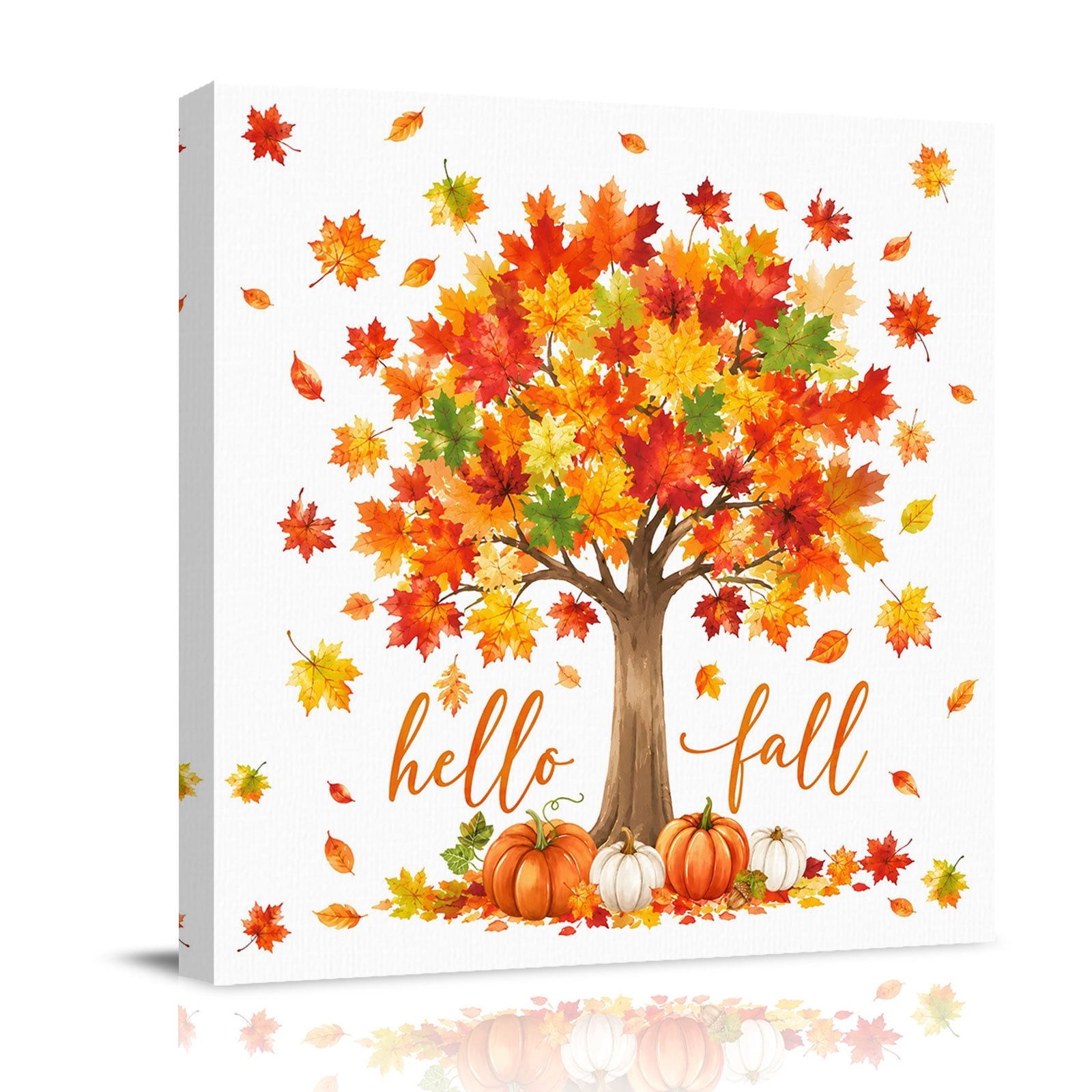 Canvas Wall Art Hello Fall Framed Canvas Prints for Bathroom Kitchen Thanksgiving Tree Maple Leaf Autumn Pumpkin Gallery Wrapped Wall Decor for Home Office Gifts 10 x10 Ship Next Day