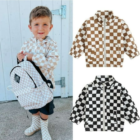 

1-5T Toddler Baby Boy Girl Checkerboard Windbreaker Jackets Plaid Long Sleeve Full Zipper Coat Outwear Tops with Pockets