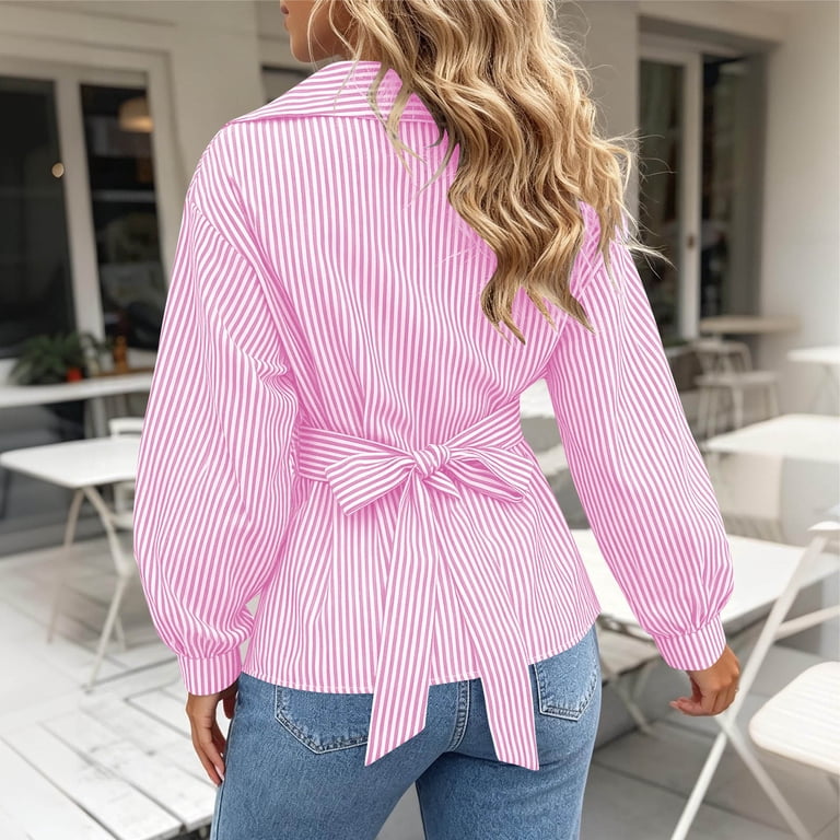 YUGYXL Stripes Cross V Neck Wrap Blouse for Women Fashion Slim Fit