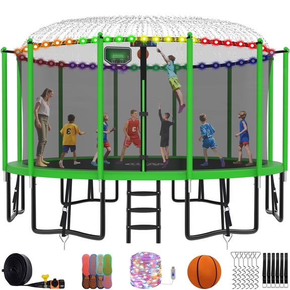 YORIN Trampoline, 16FT Trampoline for 8-9 Kids Adults with Enclosure, 1500LBS Outdoor Trampoline with Basketball Hoop, Sprinkler, Light, Socks, Ladder, Galvanized Anti-Rust Coating Trampoline