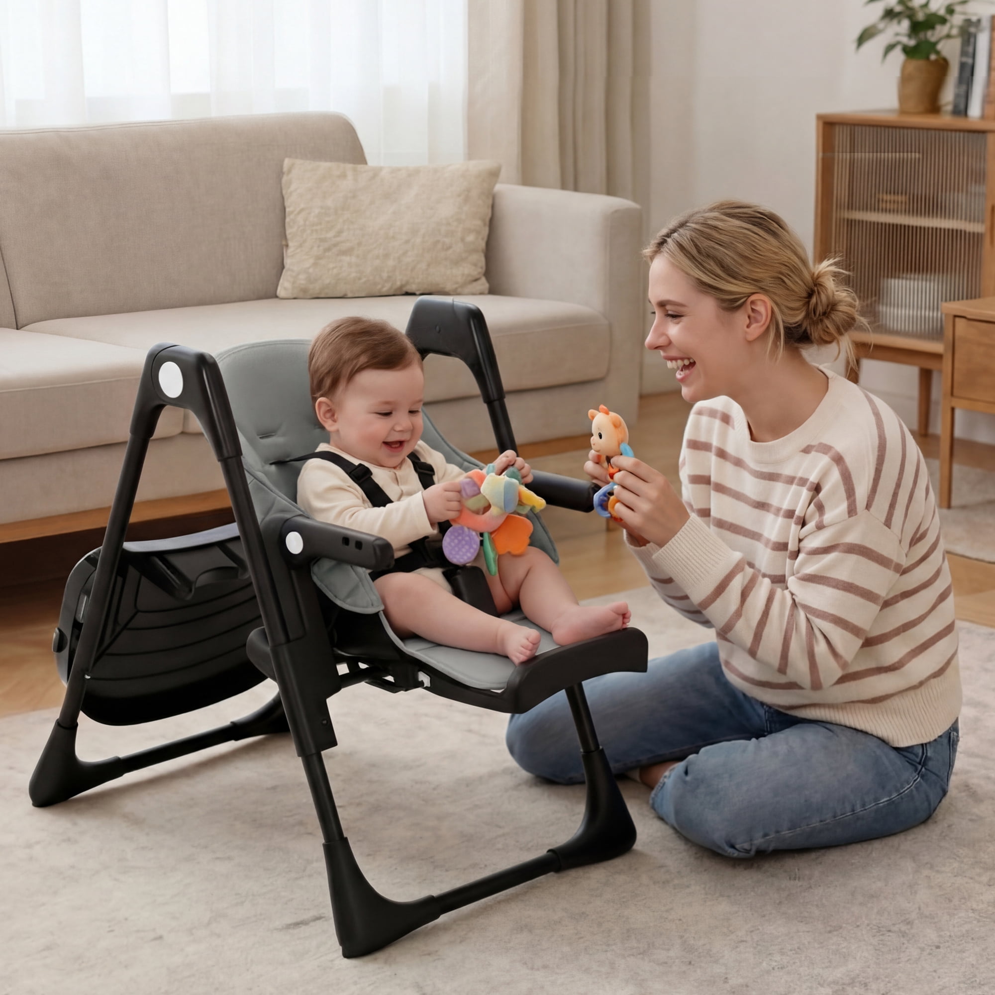 AILEEKISS Foldable High Chair for Baby, Toddler Eating Chair with Detachable Double Trays, Grey