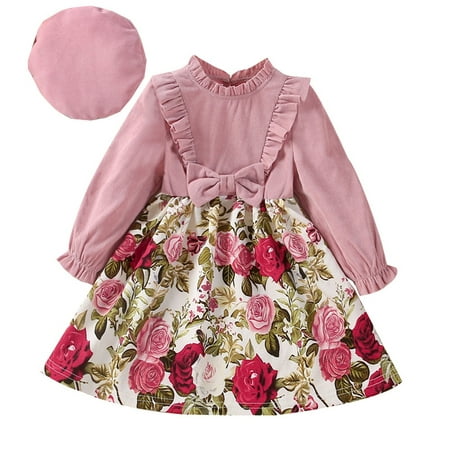 

Kid Outfits for Girls Kids Toddler Children Baby Girls Long Ruffled Sleeve Patchwork Floral Print Princess Dress With Hat Outer Outfits Set 2PCS Teen Sweatpants Outfit