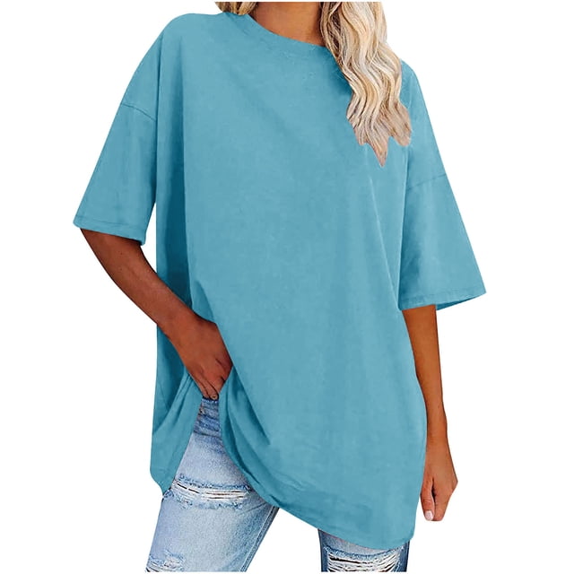 Plebaso T-Shirts Surdimensionnés pour Femmes 2025 Manches Courtes Hauts Amples Col Rond Décontracté Basiques