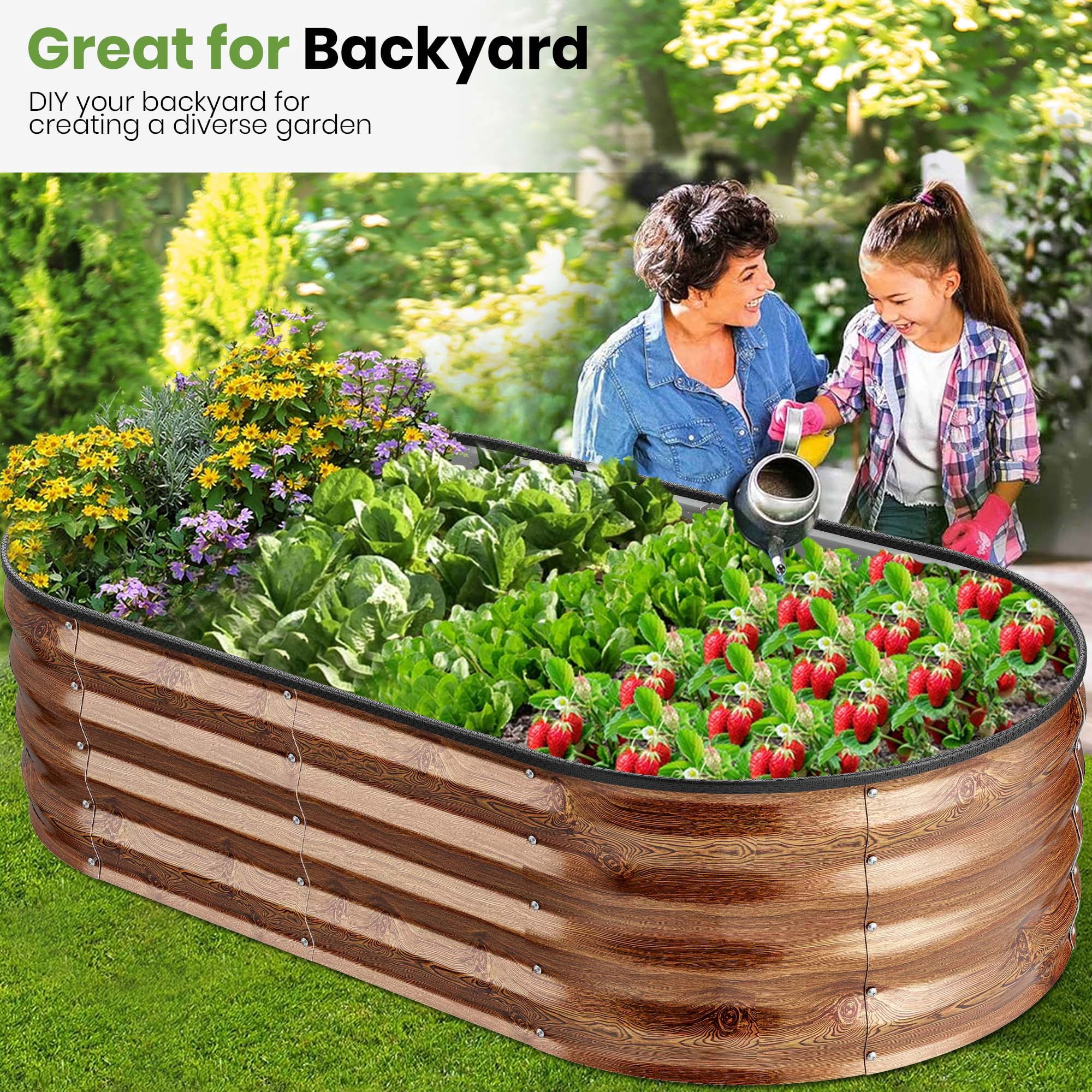 GVDV Galvanized Raised Garden Bed Outdoor, 4x2x1ft Backyard Oval Metal Planter Box with Easy Assembly, for Gardening Vegetables, Fruits, Flowers - Brown