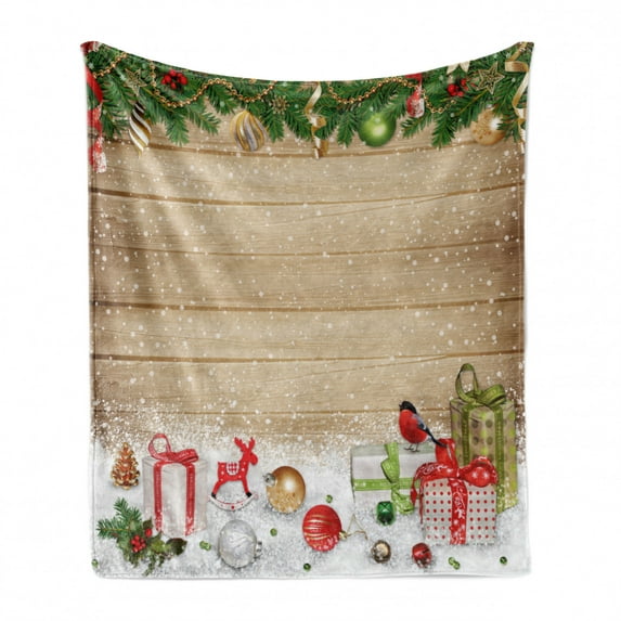 Christmas Soft Flannel Fleece Blanket, Pine Branches Ornaments on Wooden Planks Snow Presents Vintage Composition Print, Cozy Plush for Indoor and Outdoor Use, 50" x 70", Multicolor, by Ambesonne