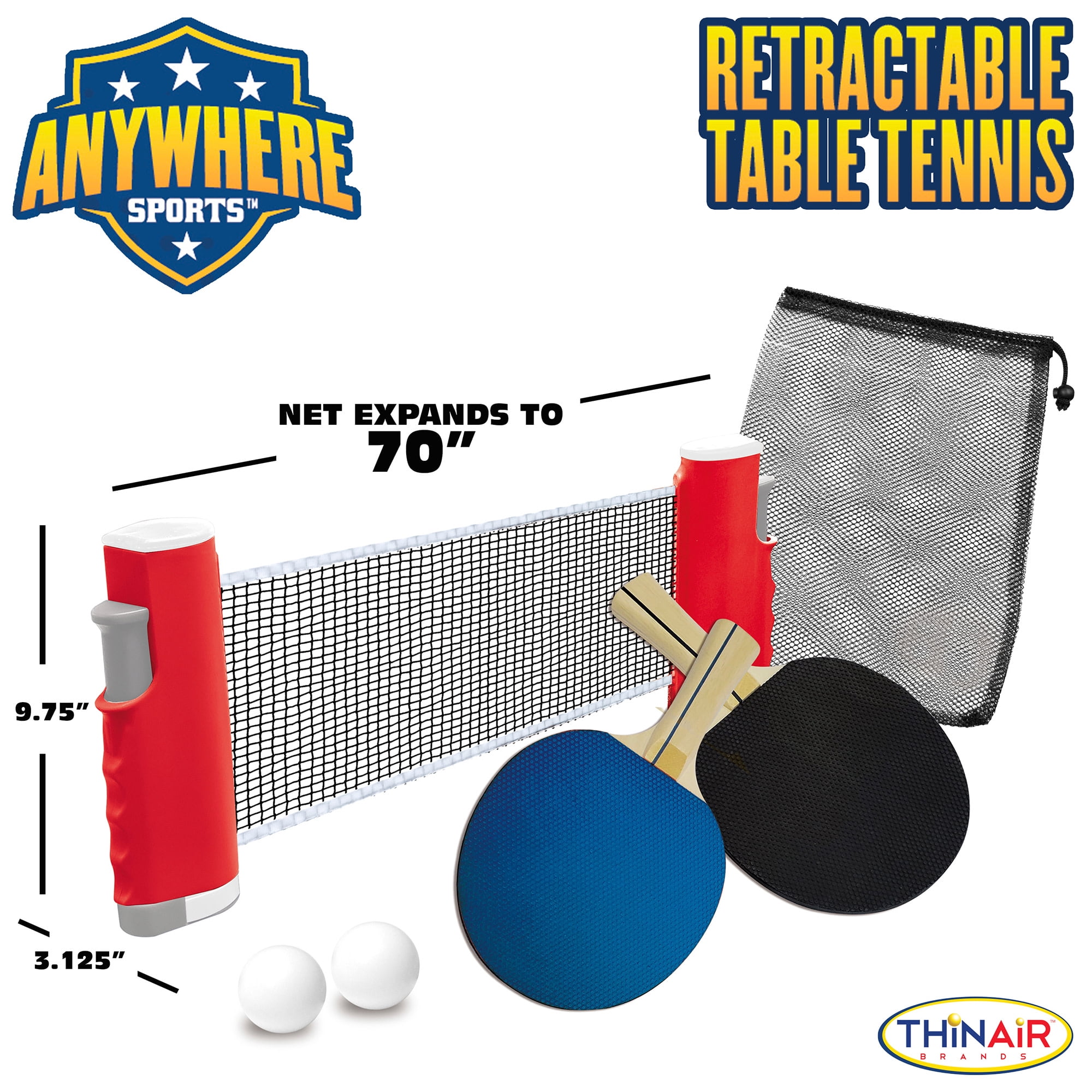 Anywhere Sports: Retractable Table Tennis - 6pc Sports Game Set, Extends To 70", Net, Paddles, Ping Pong Balls, Mesh Storage Bag, Indoor-Outdoor Play