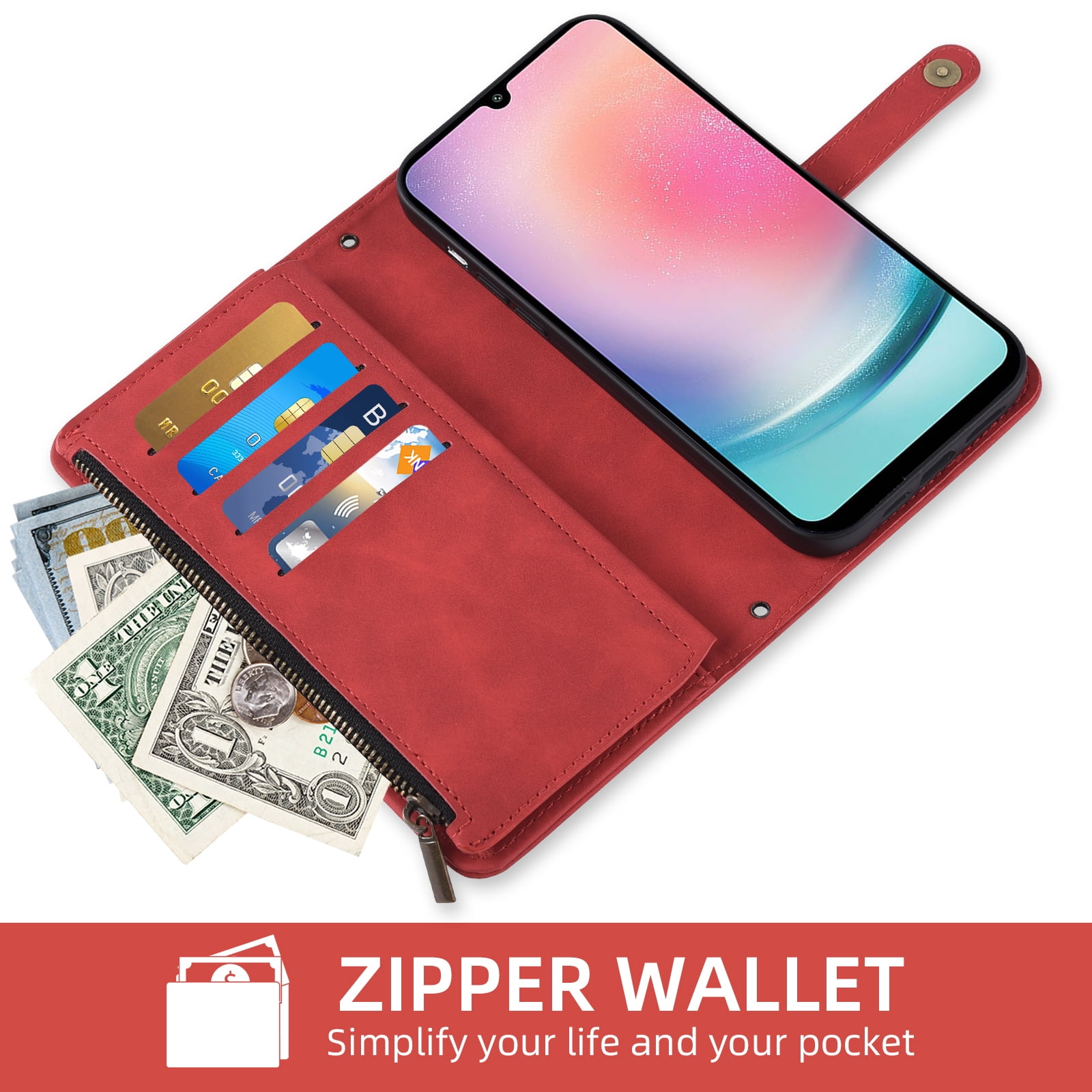 Asuwish Phone Case for Samsung Galaxy A25 5G Wallet Cover With Tempered Glass Screen Protector Crossbody Wrist Strap Flip Pattern Zipper Credit Card Holder Stand Cell A 25 25A SM-A256U Women Men Red