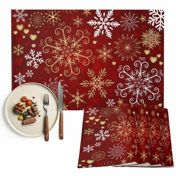 Gold White Christmas Snowflake Placemats Set of 8, Red Table Mats Washable Heat-Insulation Non-Slip Place Mats for Kitchen Dinner Table Indoor Outdoor Decor,13x19 Inch