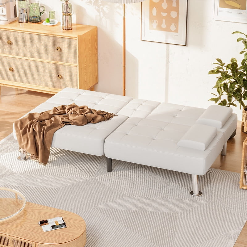 Lacoo Linen Futon Sofa Bed Modern Convertible Sleeper Couch with Removable Armrests & Cup Holders for Living Room,Small Spaces,PU Leather White