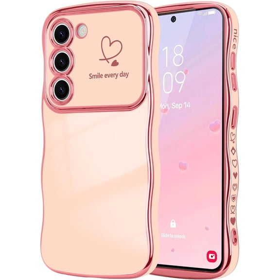 MYKOMI for Samsung Galaxy S23 Plus Case for Women Girls, Cute Wave Frame Curly Shape with Love Heart Camera Protection Cover Luxury Plating Shockproof Phone Case for Galaxy S23 Plus 5G