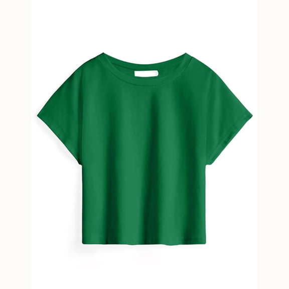 OOOUM Girls Short Sleeve Crop Tees Solid Color Crewneck Summer Tops Children Cozy Lightweight Outfits Green 9-10 Years