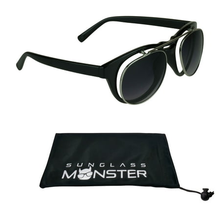 Aviator Flip Up Sunglasses Retro and Trendy, Smoke Lens with Black Gold Trim Frames