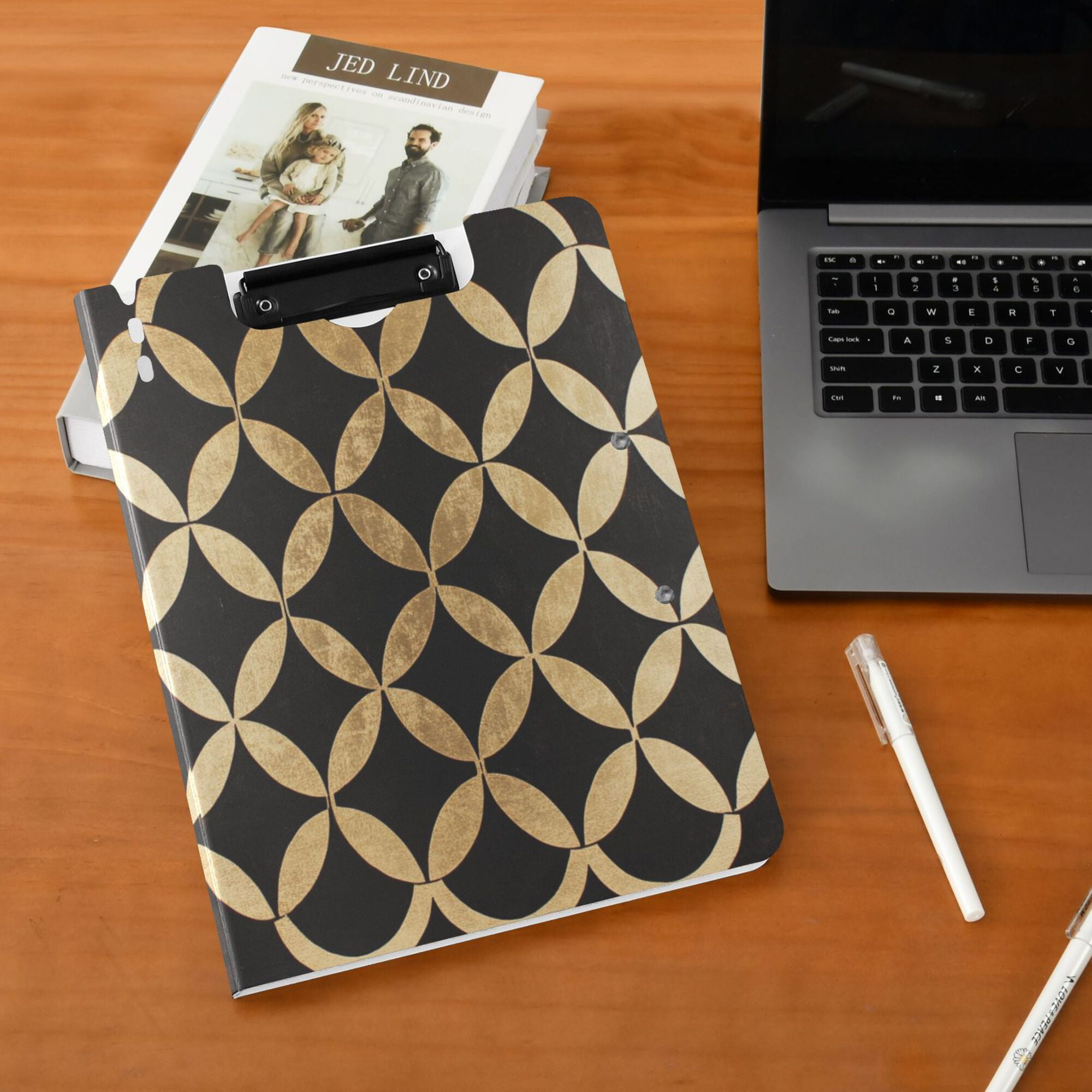 FORMRS A4 Clipboard Folder with Pen Holder Horizontal Foldable School Office Binder, Black Geometric