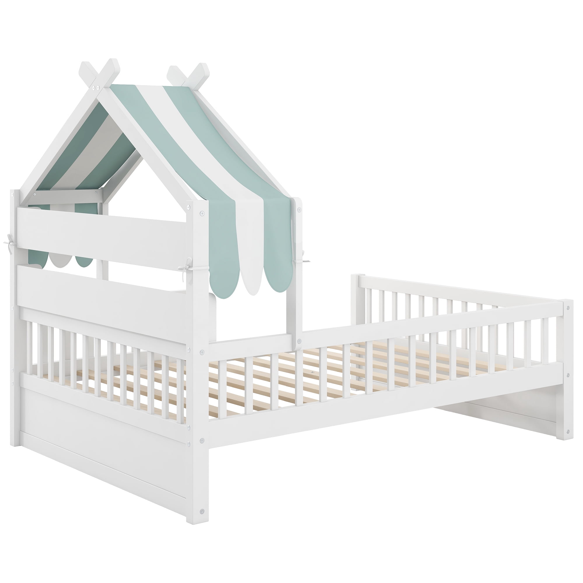 Euroco Wood Twin Size Platform Bed with Storage Headboard and Canopy, White