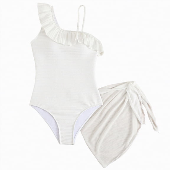 NIEWTR Girls Swimsuit with Cover Up Skirt One Piece Bathing Suit Sleeveless Swimwear Adjustable Straps for Kids 7-18 Years(White,15-16 Years)