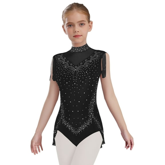 YiZYiF Kids Girls Sparkly Gymnastics Leotard Tassel Skirted Bodysuit Figure Skating Dance Costumes Black 10