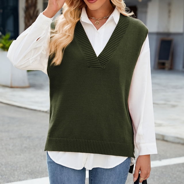 PEONAVET Chandails à Col en V pour Femmes, Mode Décontractée, Style Slim, Gilet Sans Manches, Tricot