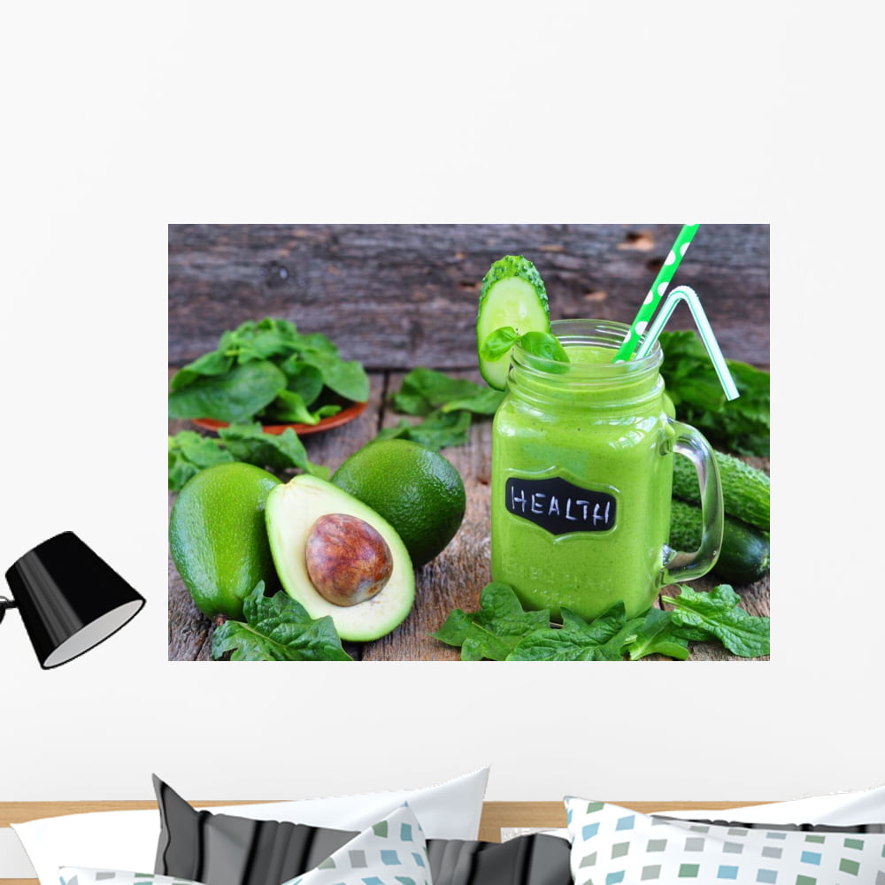 Wallmonkeys FOT-82073764-30 WM231723 Green Vegetable Smoothie Isolated on Wood Background Peel and Stick Wall Decals 30 in W x 22 in H Medium-Large