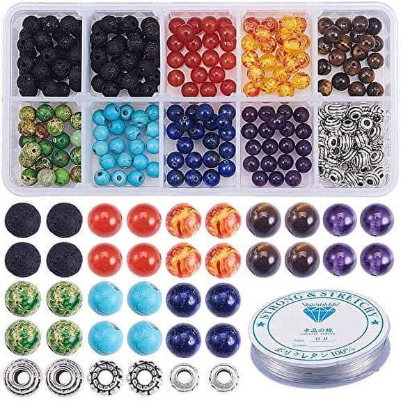 260pcs 6mm Natural 7 Chakra Lava Stone Beads Round Loose Beads Kit Spacer Beads with Crystal Strings for Essential Oil Jewelry Making