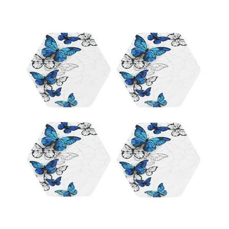 

Pofeuu Blue Flying Butterflies Print Coasters for Drinks 4Pack PU Leather Coasters Bar Drink Coasters for Tabletop Protection Furniture from Damage-Hexagon