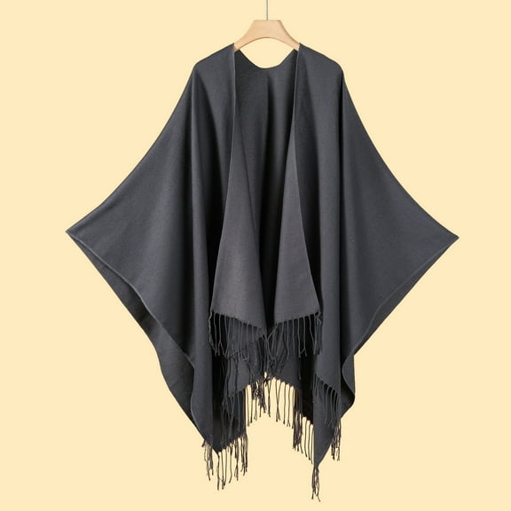 Domuza Womens Classic Tassel Slit Shawl Scarf Open Front Poncho Cape Fashion Reversible Blanket Scarf Travel Cardigan Sweater Gray