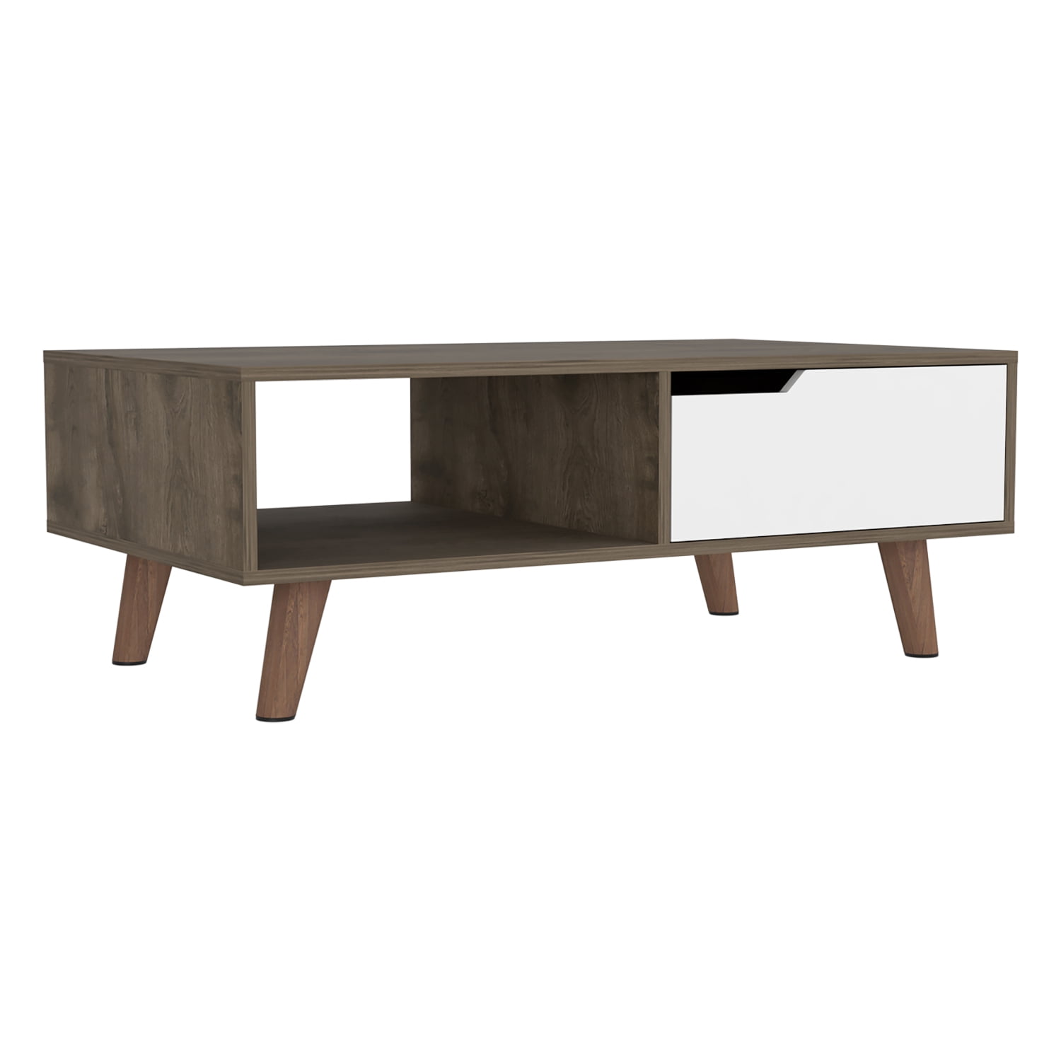 Lisonu Mid-Century Modern Coffee Table with Drawer and Open Shelf, Two-Tone Living Room Center Table with Tapered Legs, Particle Board Cocktail Table, Dark Brown & White