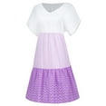 thumbnail image 4 of CHOK Robe Mini Décontractée pour Femme Grande Taille Été Ample Mode Patchwork Col en V à Rayures à Pois Manches Courtes Volant Ourlet à Étages en Lin Robe de Plage Soleil en Liquidation, 4 of 5