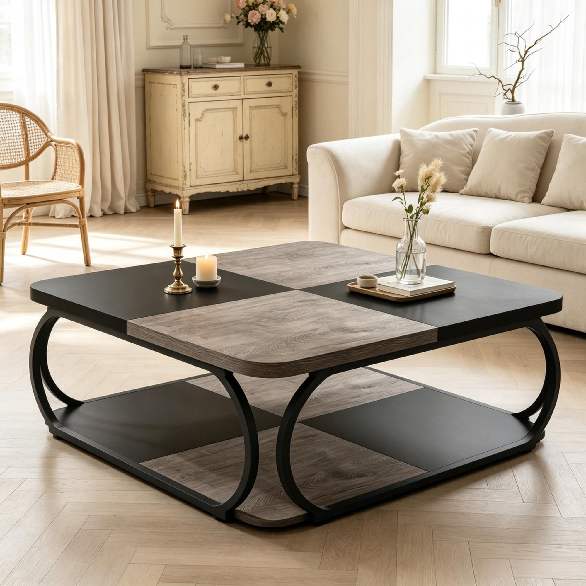 39 Inch Square Cocktail Table with 2 Tier Shelves, Central Coffee Table