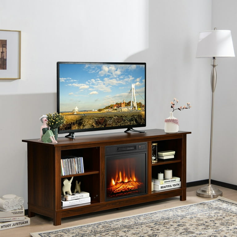 Gymax 58'' 2-Tier Fireplace TV Stand W/18'' 1400W Electric Fireplace 65''  Walnut - Walmart.com