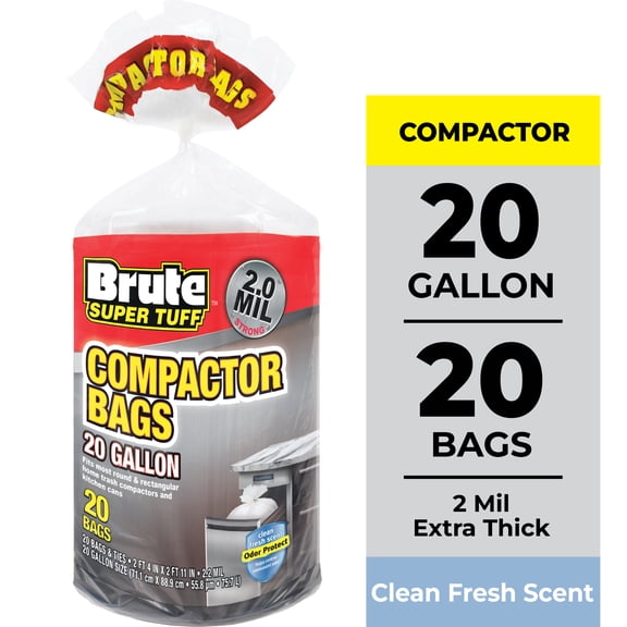 Brute Super Tuff® Compactor Trash Bags, 20 Gallon, 20 Bags (Twist Tie)