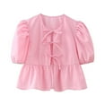 thumbnail image 1 of cfhntfmh Hauts d'Été pour Femmes Mode Col Rond Nœud devant Manches Courtes Bouffantes Chemises Babydoll Blouses Décontractées Amples, 1 of 4