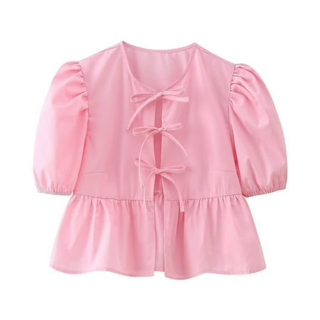 Womens Bow Tie Front Cute Babydoll Tops Puff Sleeve Summer Loose Peplum Ruffle Blouse Y2K Lace Up Going Out Shirts