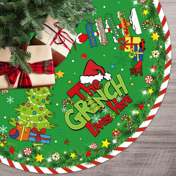 Green Christmas Tree Skirt Decorations Large 48 Inches Red and White Stripes Merry Christmas Party Decorations Tree Mat for Winter Holiday Xmas Home Indoor Outdoor Decor