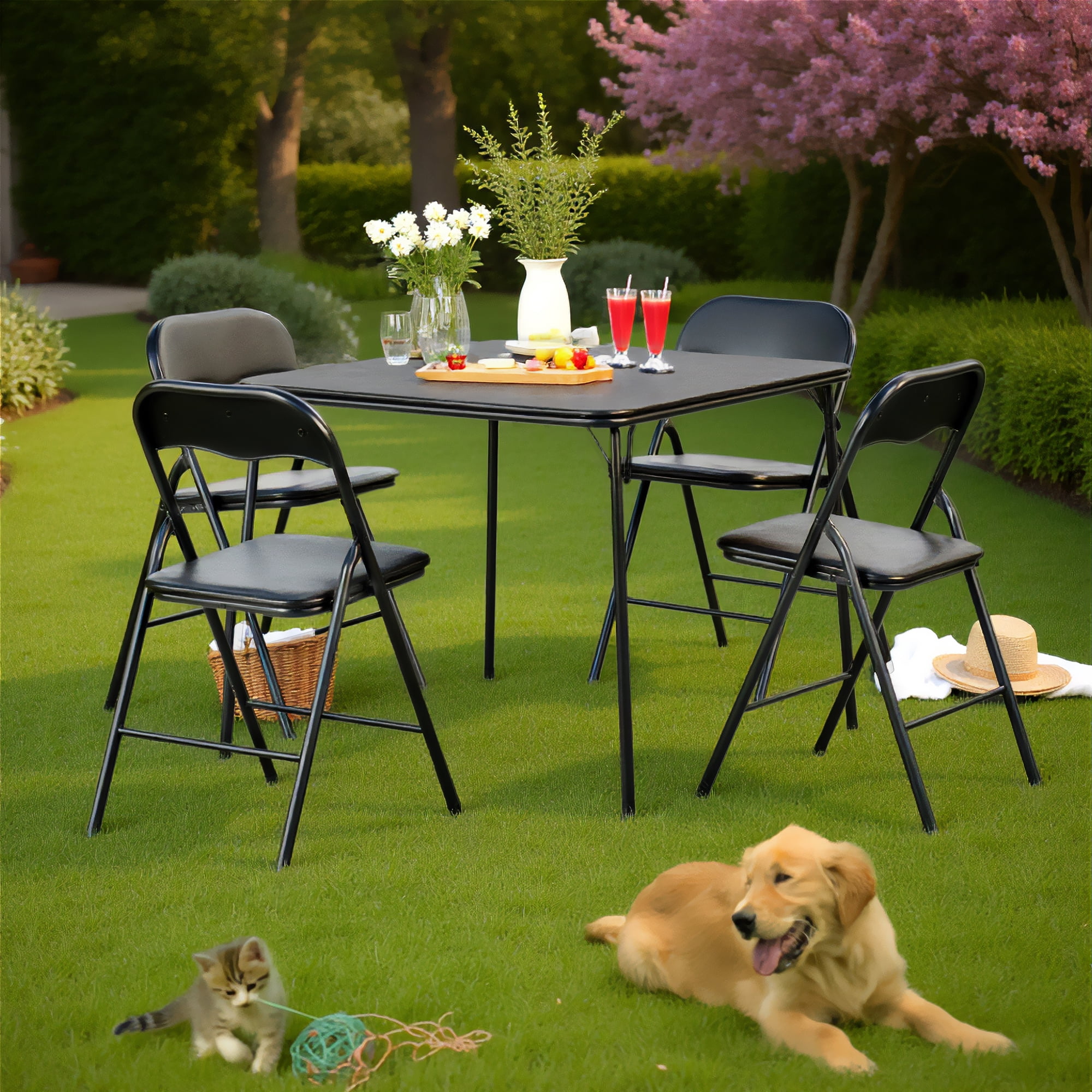 Homy Casa 5-Piece Patio Furniture Set with Folding Table and 2 Chairs, Outdoor Patio Set, Black