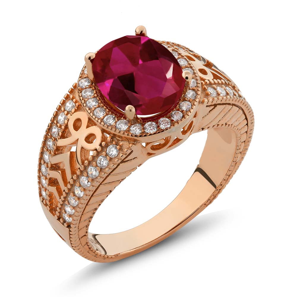 Gem Stone King 18K Rose Gold Plated Silver Red Created Ruby Ring for Women | 3.99 Cttw | Oval 10X8MM | Gemstone Birthstone | Available in Size 5, 6, 7, 8, 9 | Size 6