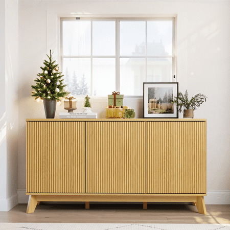 Accreate 58 Modern Farmhouse Buffet Cabinet with Curved Grooved Doors Adjustable Shelves Wood Storage Sideboard Credenza for Dining Room Coffee Bar Console Kitchen Entryway