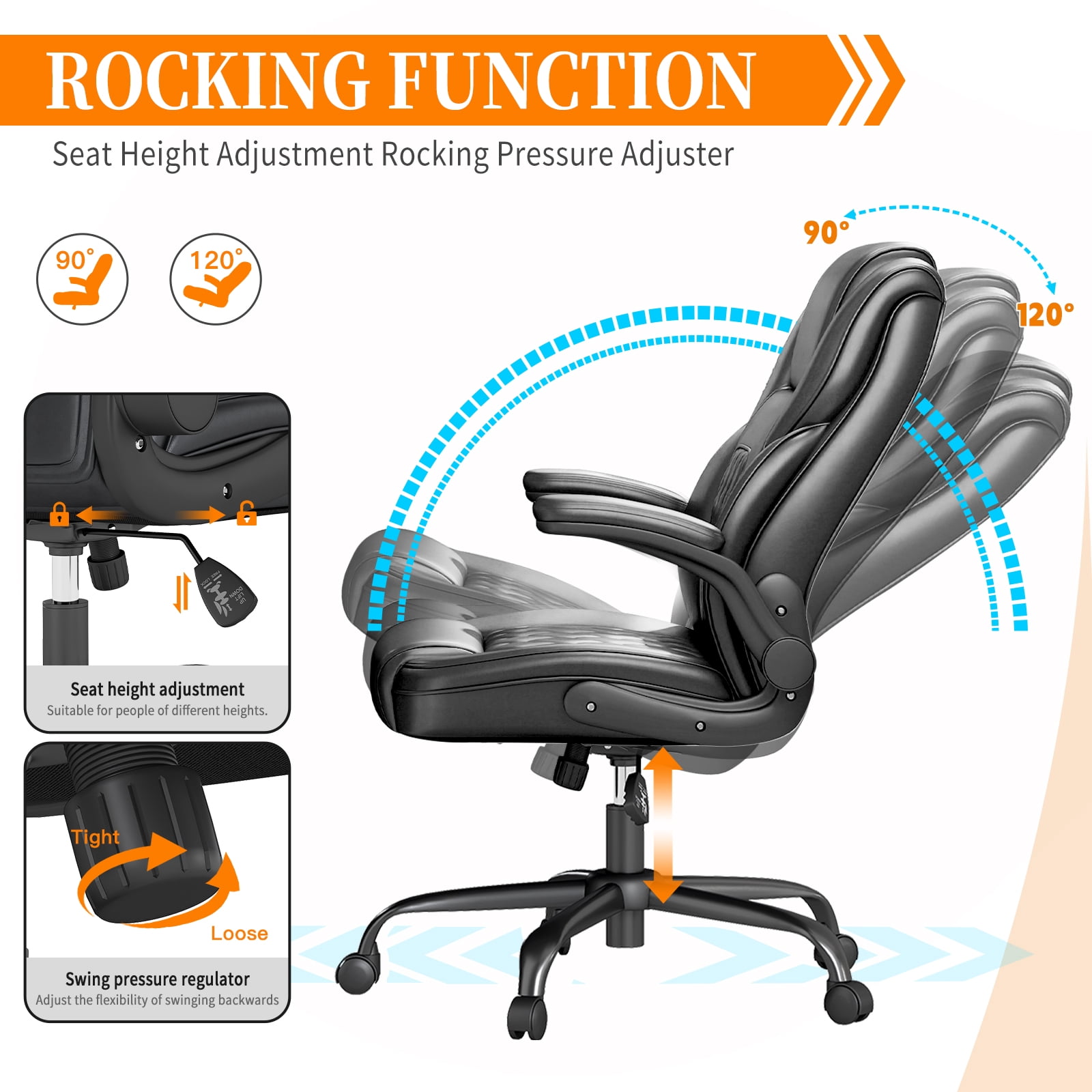 YERAIRR  Leather Office Chair  Big and Tall Wide Seat Task Chair Ergonomic Computer Desk Chair High Back, Adjustable Armrests, Thick Seat Cushion Black