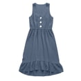 thumbnail image 4 of Guieoi Summer Dresses for Women under $10 Plus Size Solid-Color Casual Washed Wrinkle Button-Down Hem Asymmetrical Ruffled Sleeveless Dress Blue L, 4 of 6