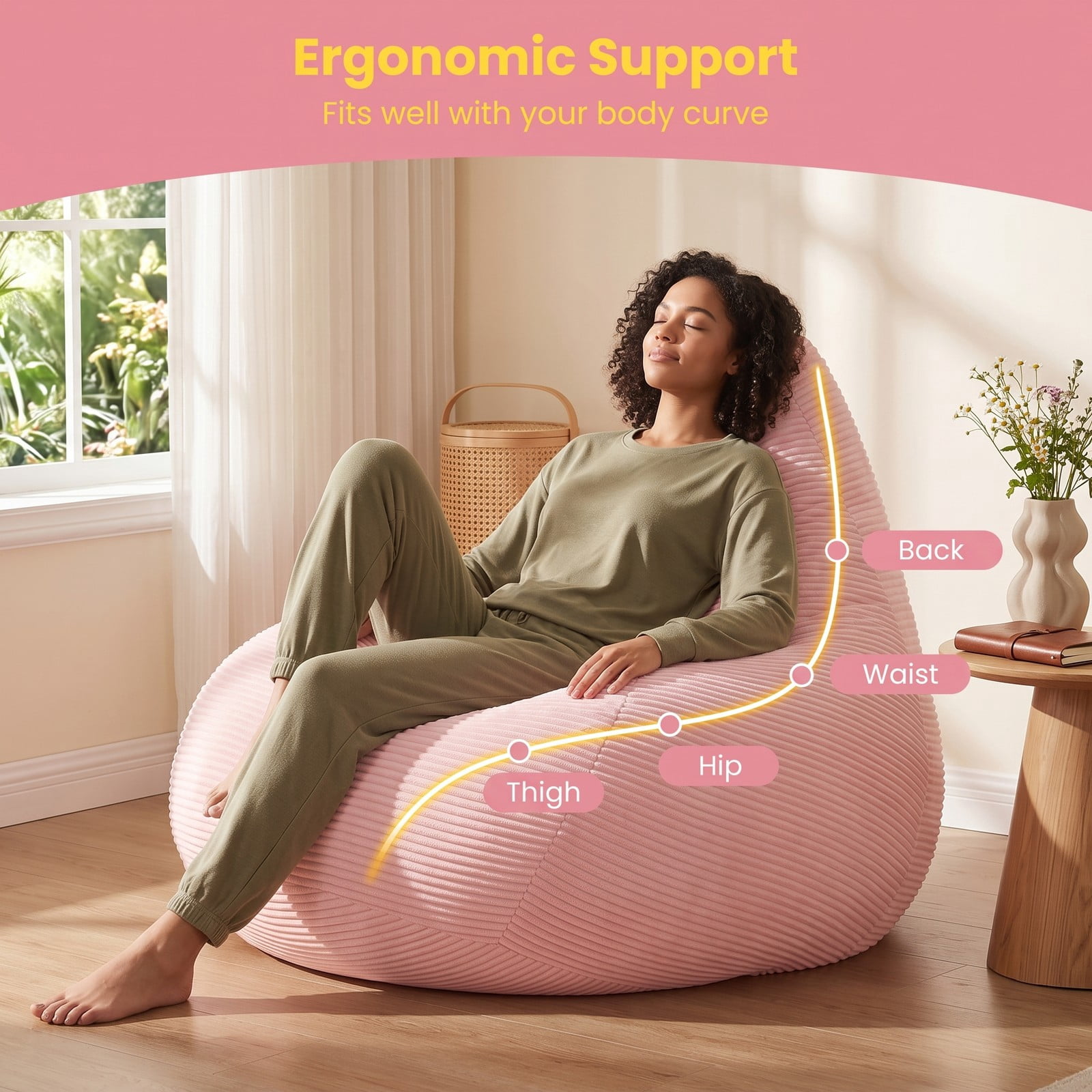 Furnibear Bean Bag Chair for Adults, Corduroy Lazy Lounger Accent Sofa with Soft Sponge Filling, Skin-Friendly Cover, Ergonomic Reading Gaming Seat for Bedroom, Pink