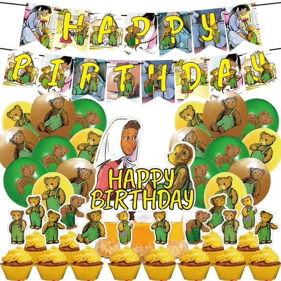32 Pcs For Corduroy Bear Theme Birthday Party Decorations,With 1 Happy Birthday Banner Garland,18 Balloons,13 Cupcake Toppers for Party Decorations