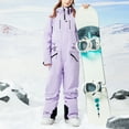 thumbnail image 2 of Xfvqtps Women One Piece Snowsuits Snowboarding Suit Hooded Color Blocked Pockets Adjustable Waterproof Windproof Outdoor Winter Warm Ski Suits Jumpsuits Purple, 2 of 7