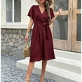 thumbnail image 5 of Bigersell Womens Summer Midi Dress Wrap V-Neck Short Sleeve Casual Loose Button-Down Dress with Belt Pleated A-Line Cocktail Party Swing Sundress Business Dresses, Wine XL, 5 of 5