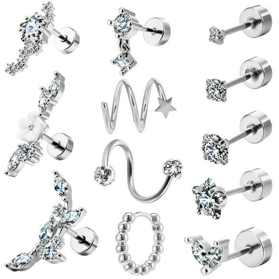Bocaoying 12Pcs Cartilage Earrings Set for Women - 316L Stainless Steel Surgical Steel Helix Hoops & CZ Studs for Tragus/Conch, Hypoallergenic Piercing Jewelry