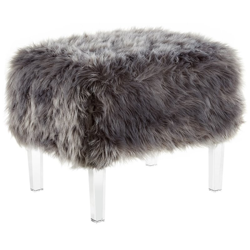 Posh Living Charlie Modern Faux Fur Fabric Ottoman with Acrylic Legs in Gray