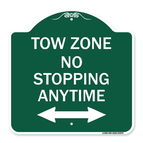 SignMission A-DES-GW-1818-23579 18 x 18 in. Designer Series Sign - No Stopping Anytime with Bi-Directional Arrow, Green & White