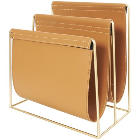 The Novogratz 12" Orange Leather 3 Slot Magazine Holder with Gold Metal Frame