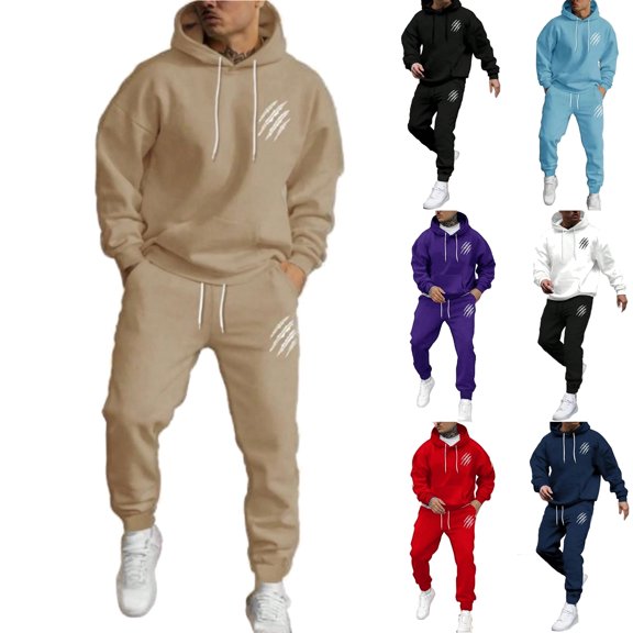 Men's Casual Solid Color Printed Sweatshirt Set, Fleece Hooded Drawstring Sweatshirt and Sweatpants Two-piece, Warm for Winter Sports and Everyday Activities,Black,L