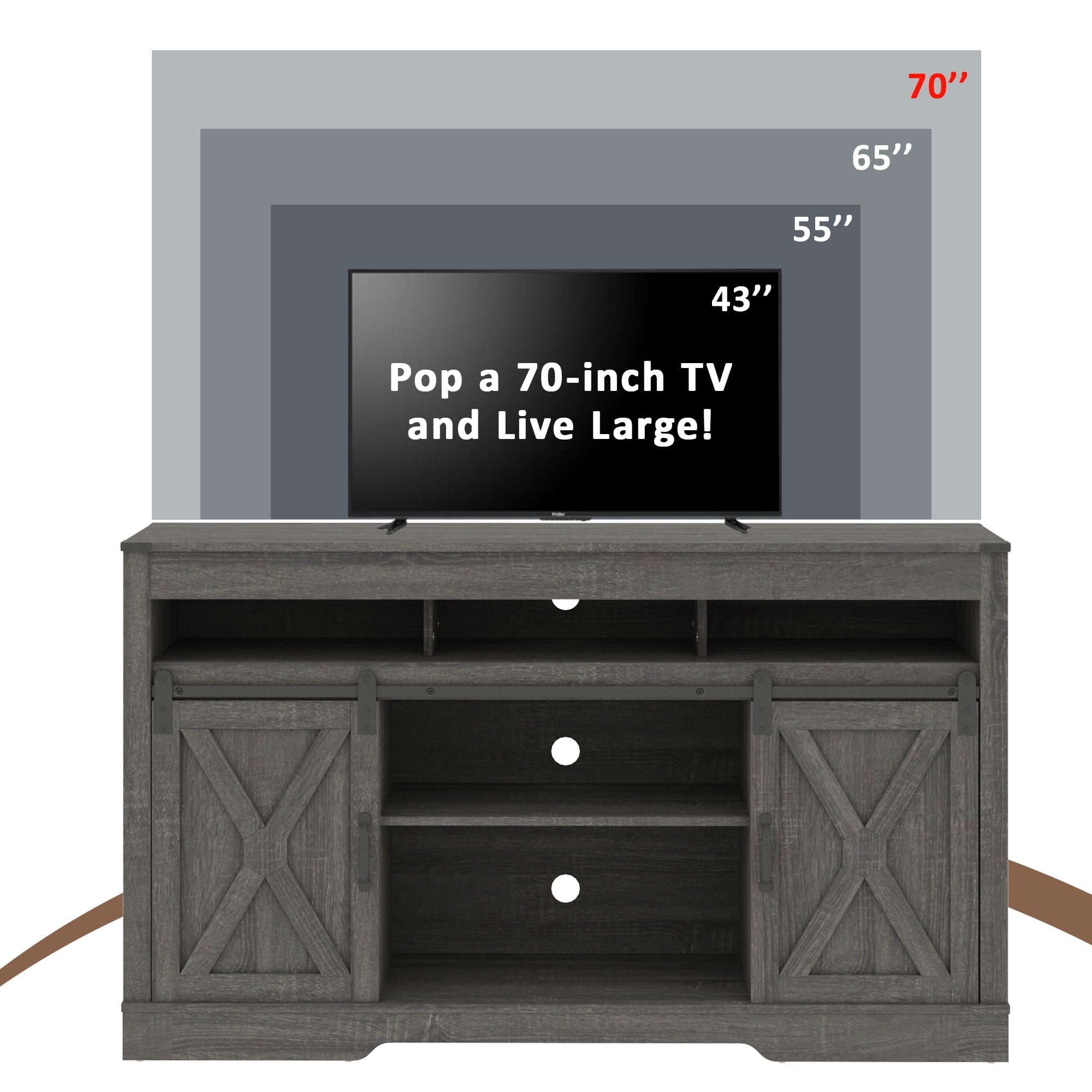 Heynemo TV Stand for 70" TVs, Modern Media Console Storage Cabinet with Sliding Barn Doors, Wooden Entertainment Center for Living Room Bedroom, Dark Gray