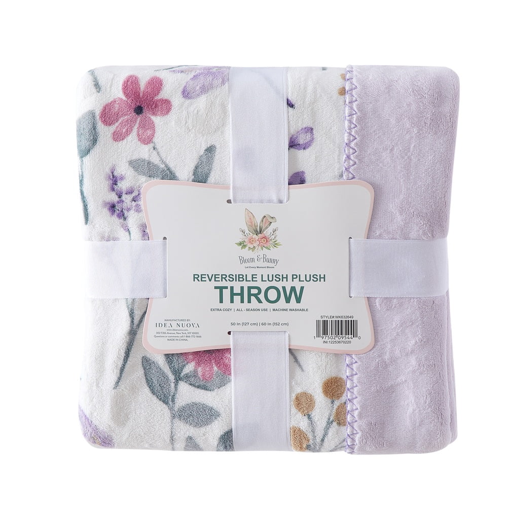 Bloom & Bunny Easter Printed Lush Plush Throw, Vida Floral Dragonfly Lilac, 50" x 60"